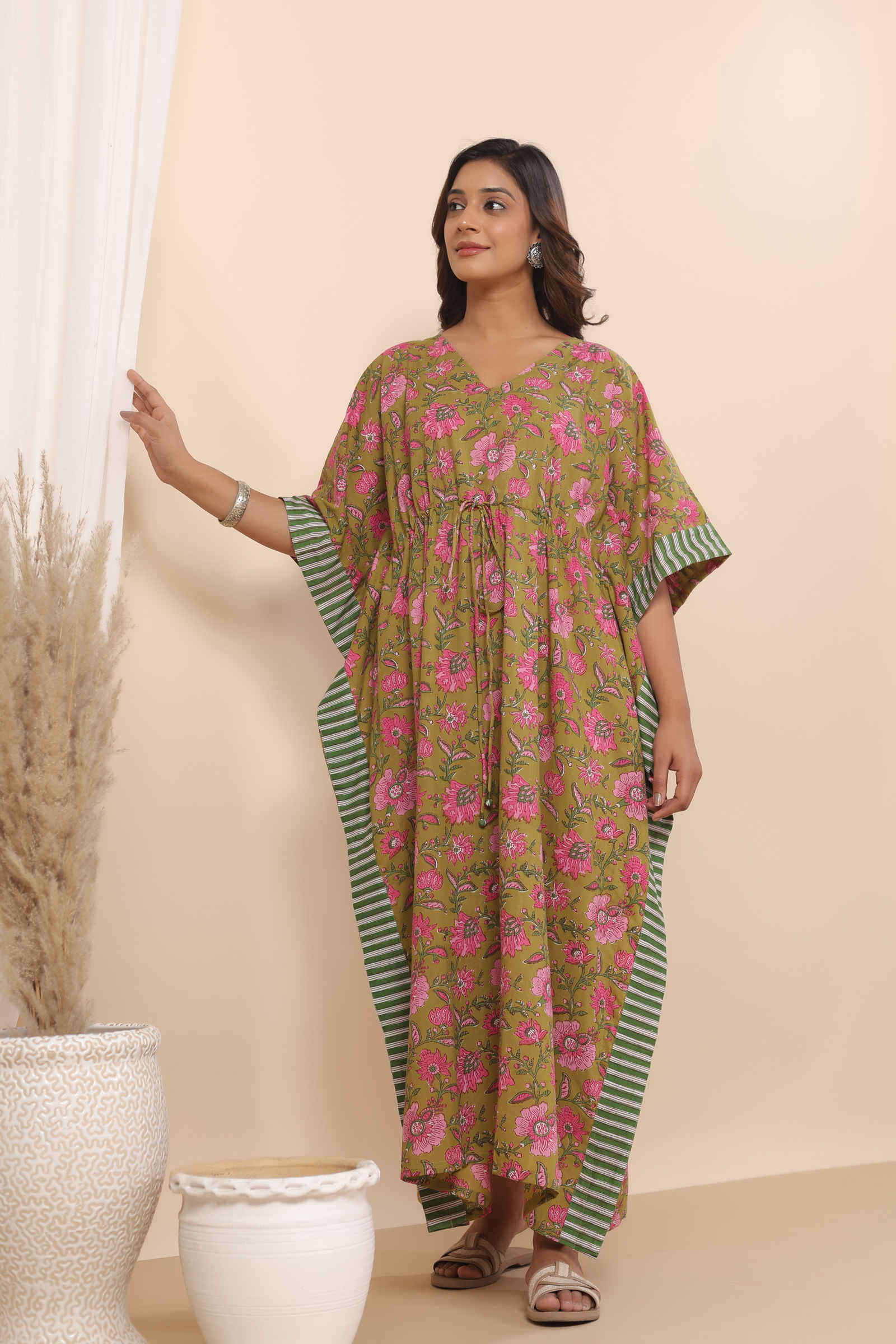 Fayra Gulbahar Olive Green Floral Cotton Kaftan