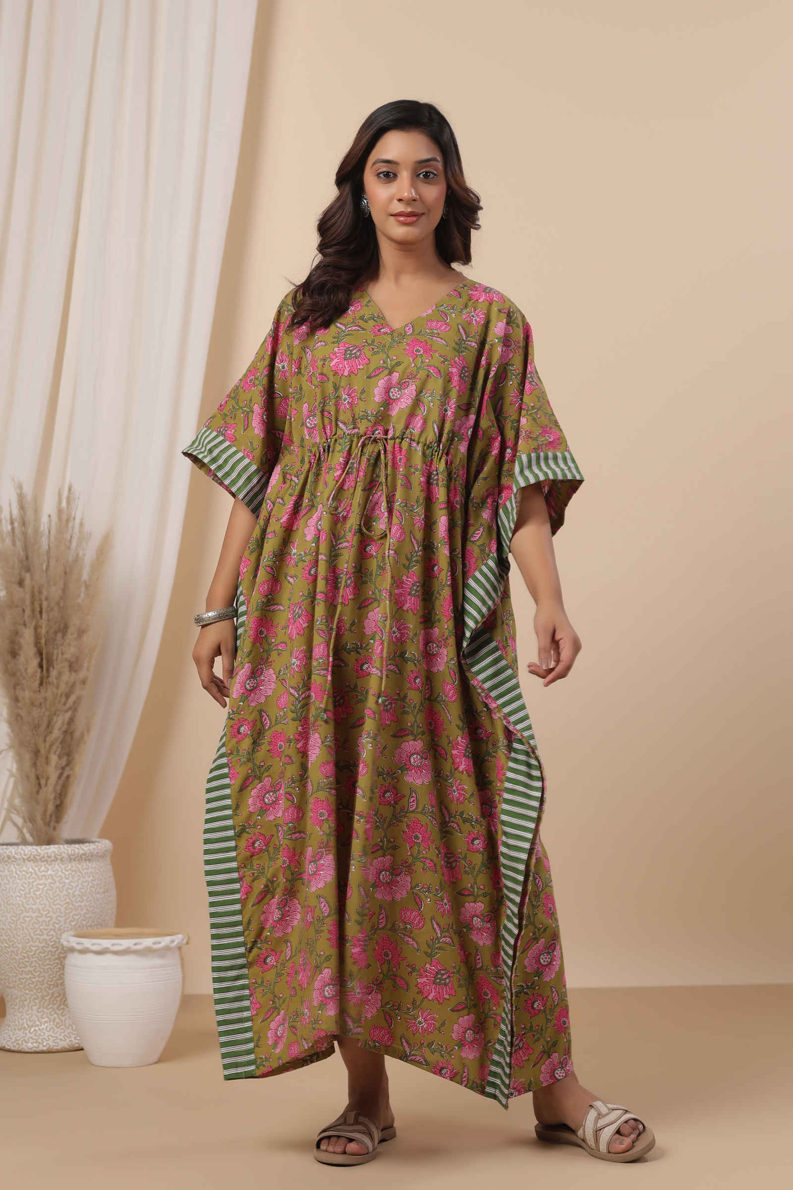 Fayra Gulbahar Olive Green Floral Cotton Kaftan