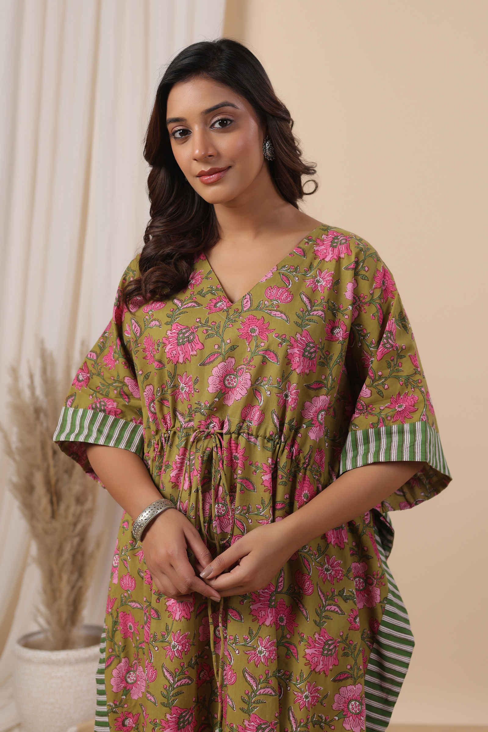 Fayra Gulbahar Olive Green Floral Cotton Kaftan