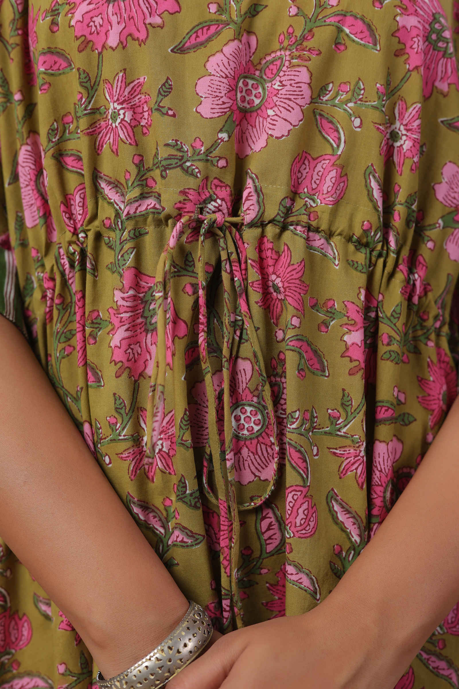 Fayra Gulbahar Olive Green Floral Cotton Kaftan