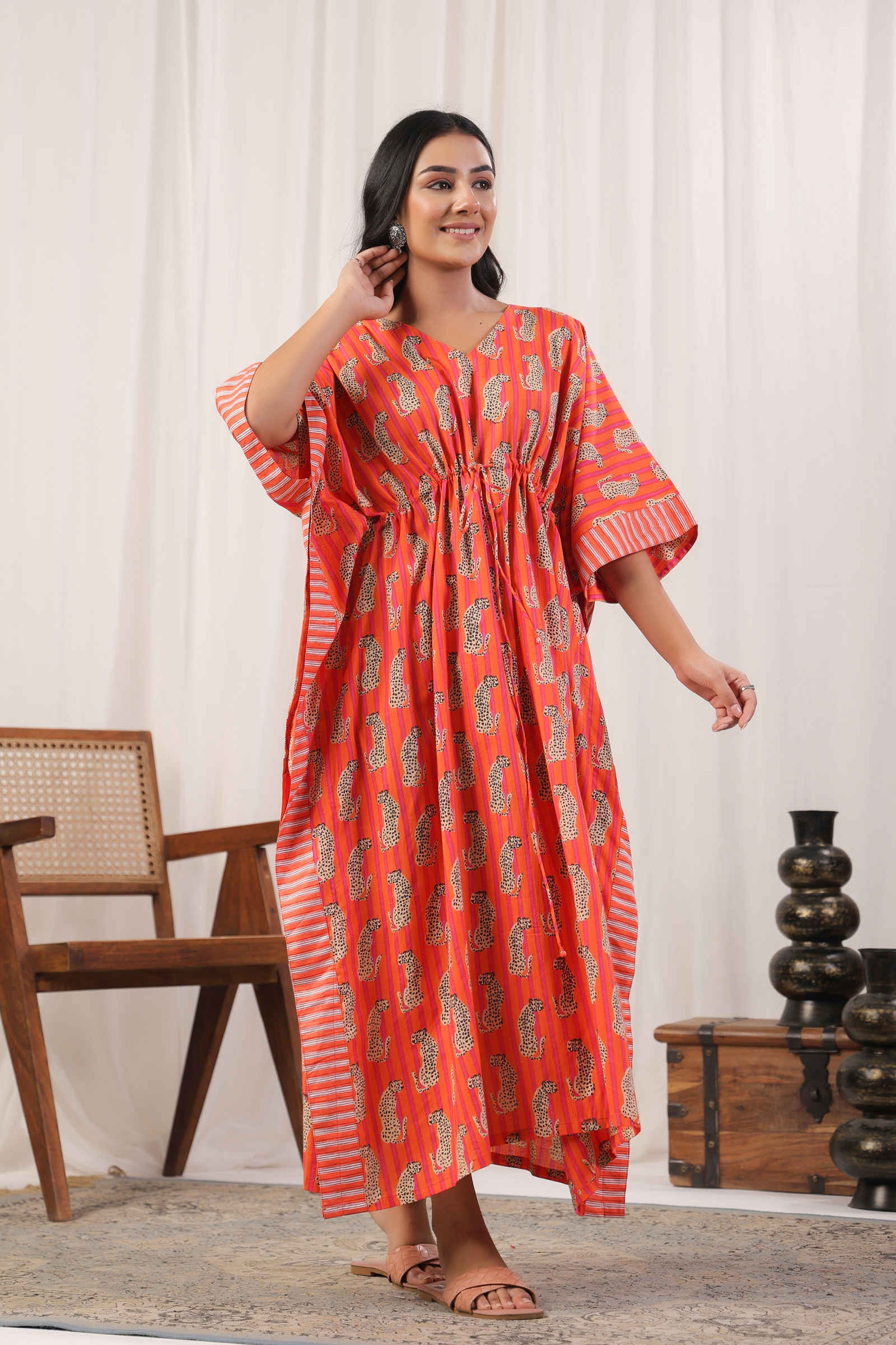 Fayra Shera Blossom Striped Orange Kaftan