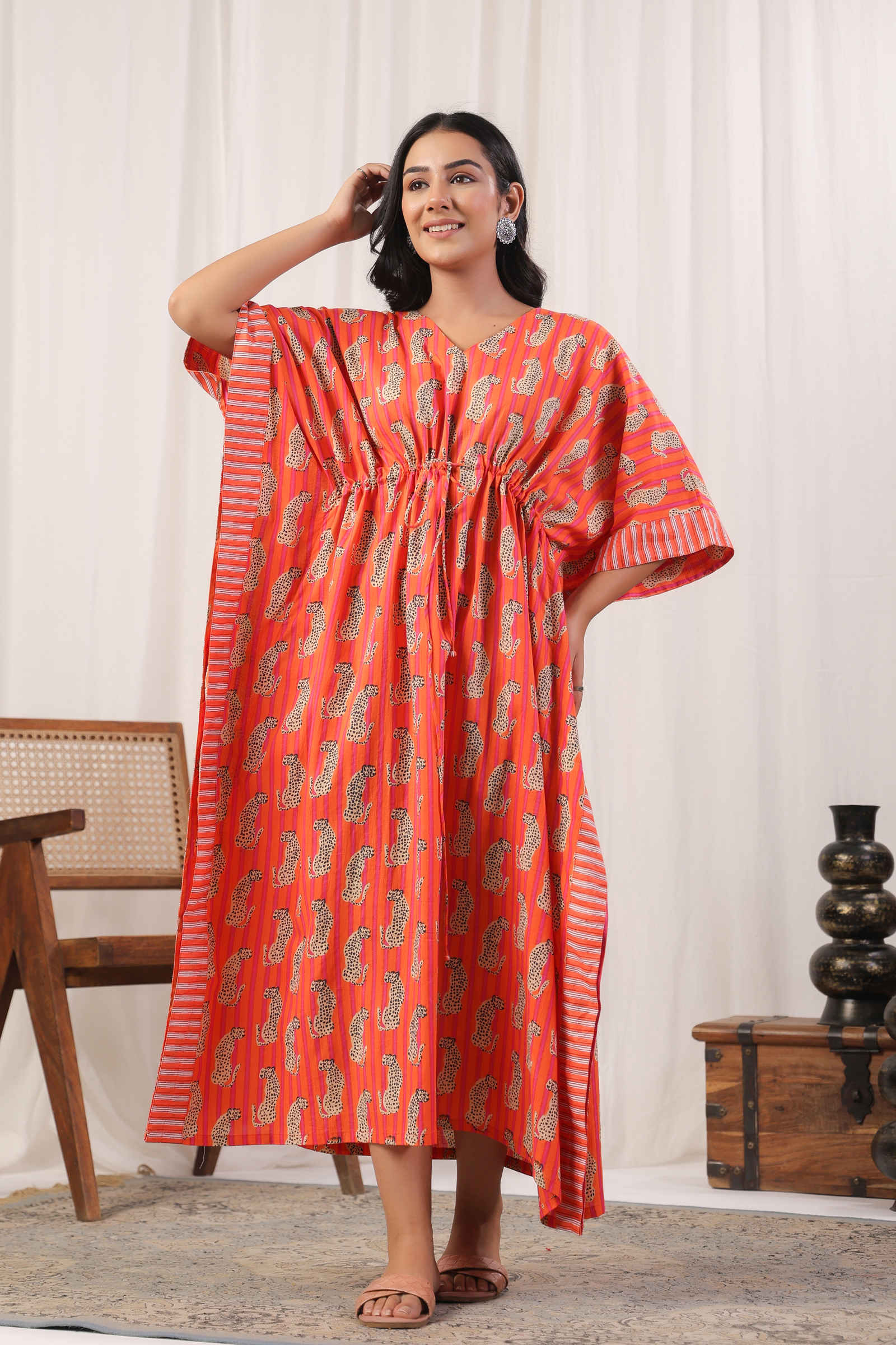 Fayra Shera Blossom Striped Orange Kaftan