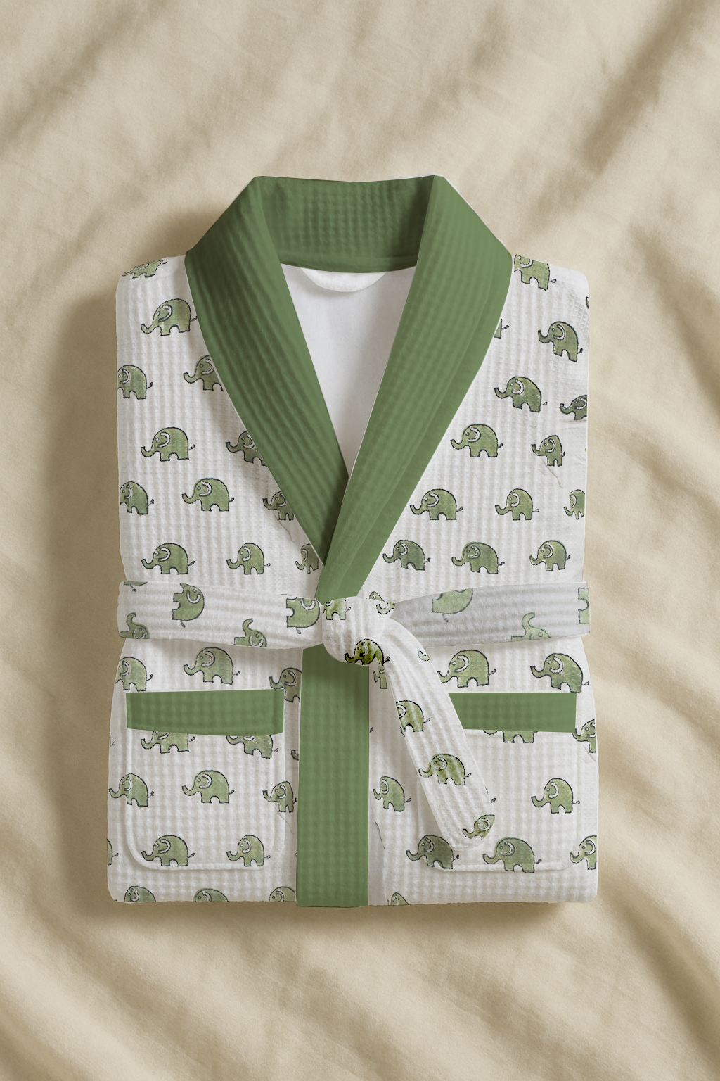 Baby Elephent Green Cotton Waffle Weave Bathrobe