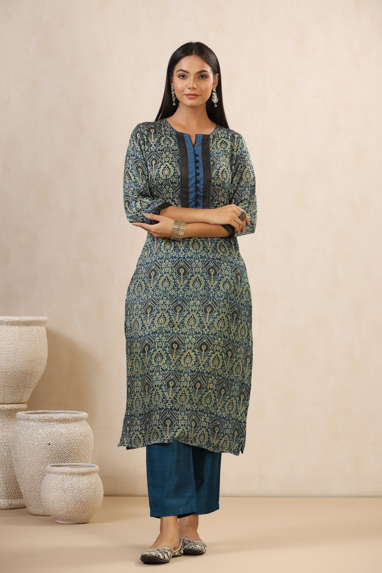 Aafrah Arushi Ajrakh Modal Silk Kurta And Dupion Silk Pant Set - shahenazindia