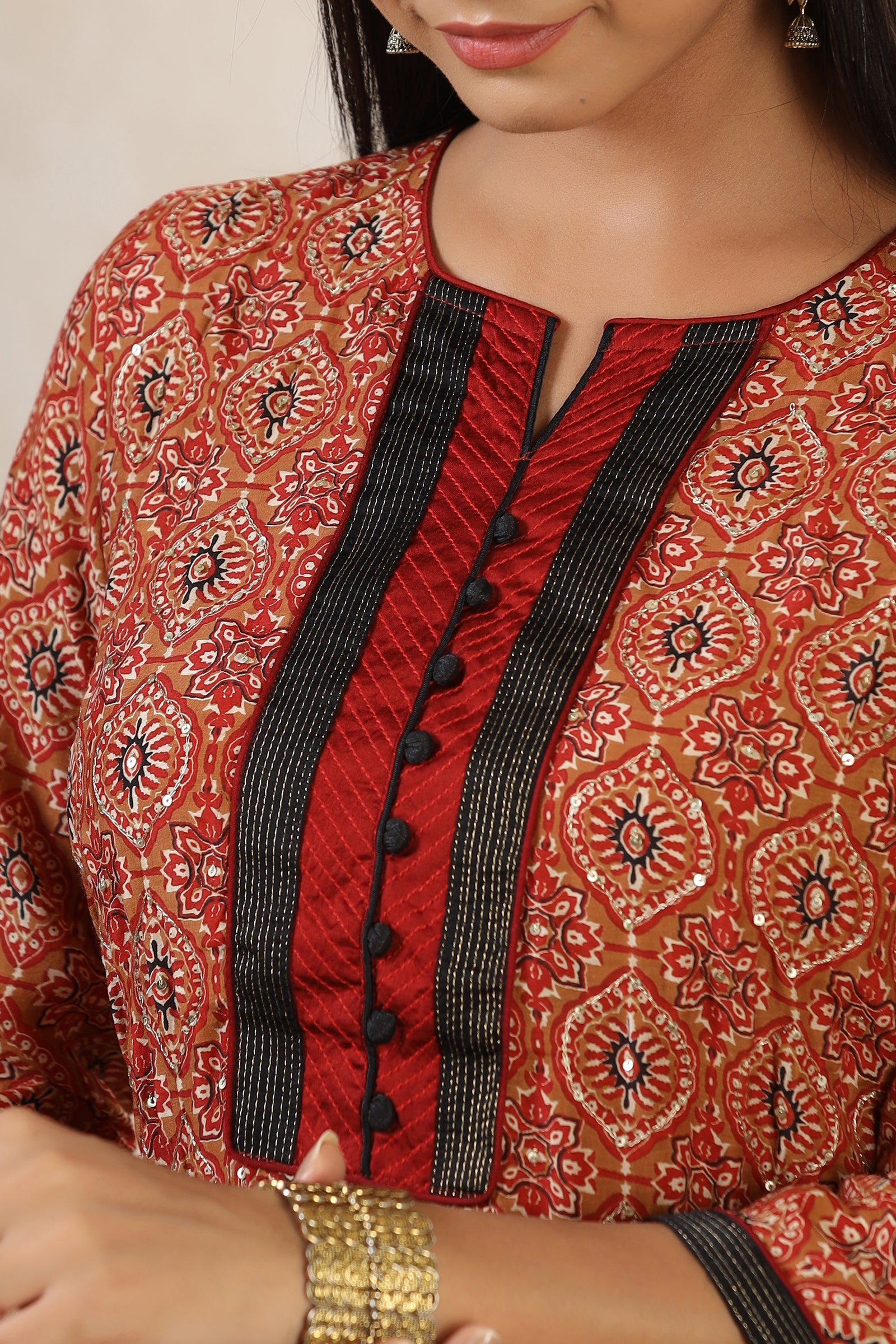 Aafrah Nafees Ajrakh Modal Silk Kurta And Dupion Silk Pant Set - shahenazindia