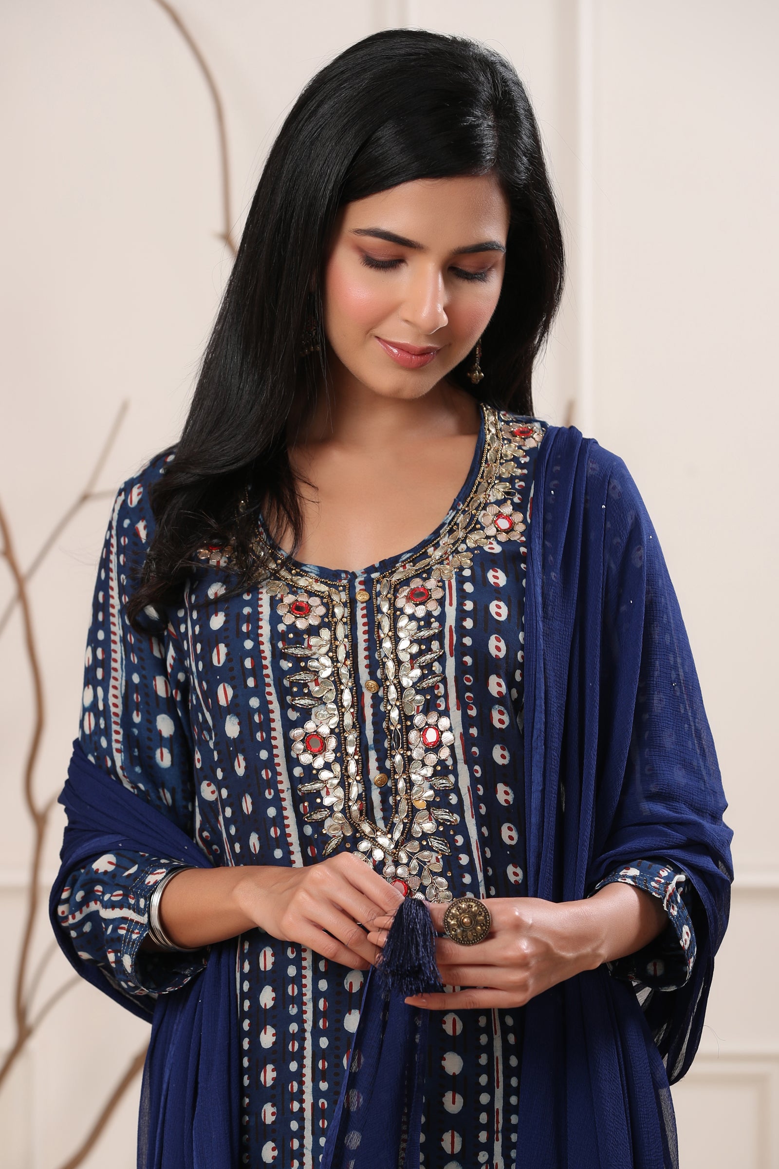 Aafrah Samira Ajrakh Modal Silk Gotta Work Kurta - shahenazindia