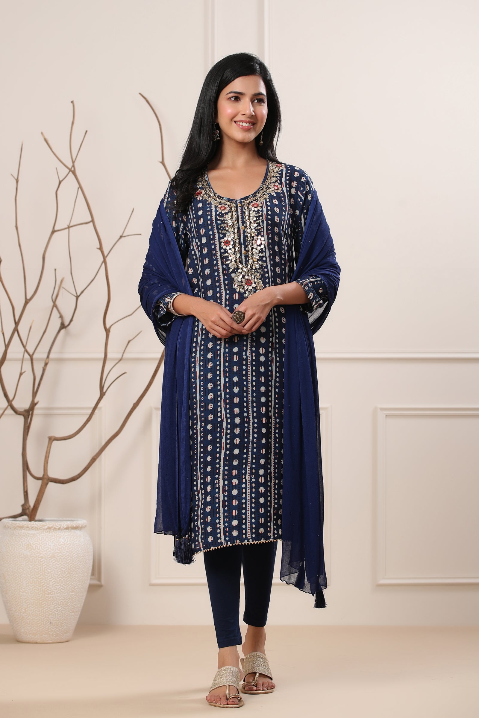 Aafrah Samira Ajrakh Modal Silk Gotta Work Kurta - shahenazindia