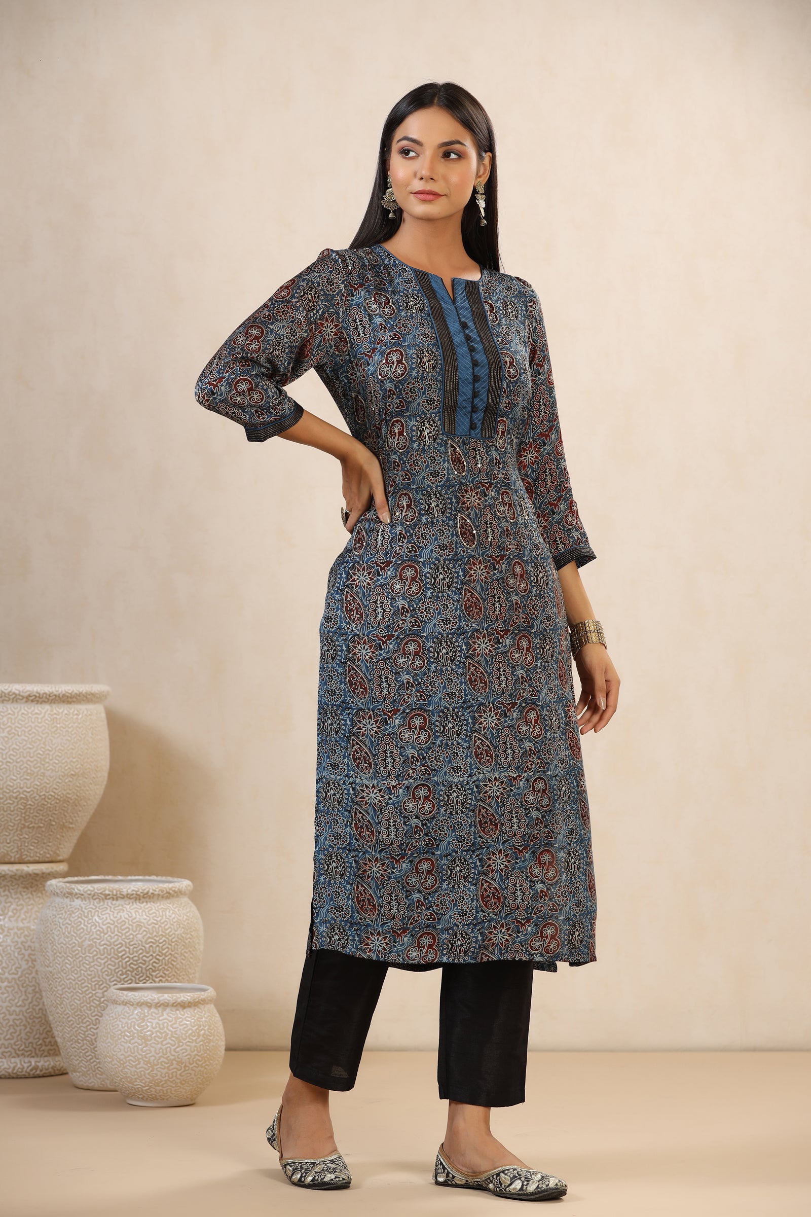 Aafrah Shifa Ajrakh Modal Silk Kurta And Dupion Silk Pant Set - shahenazindia