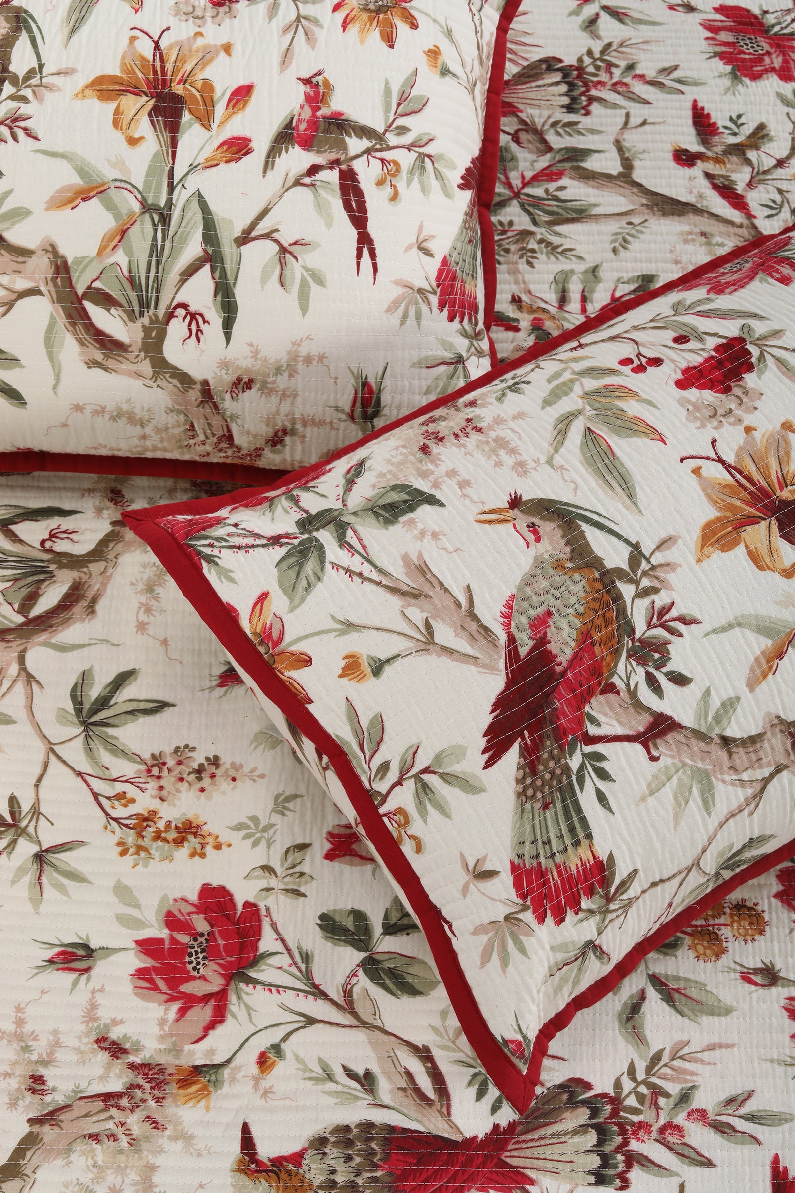 Floral Birds Red Quilted Cotton Bedcover - shahenazindia