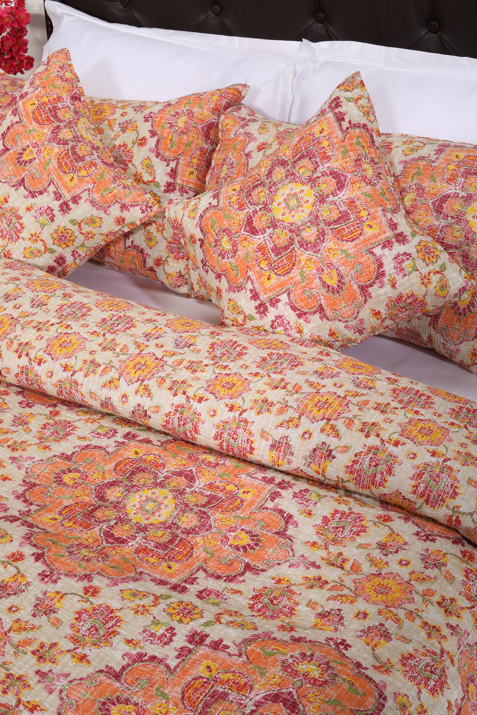 Rustic Geometry Orange Cotton Bedcover - shahenazindia