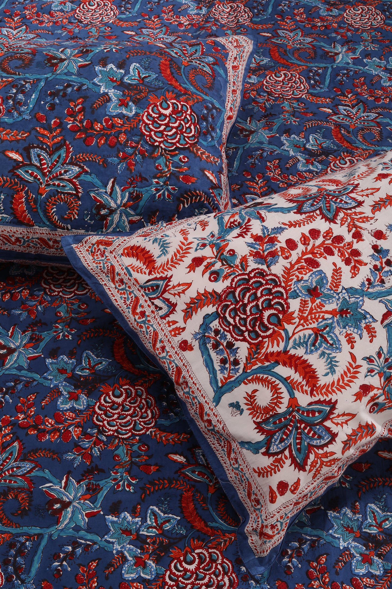Blue Lagoon Hand Block Printed Cotton Percale Bedsheet - shahenazindia