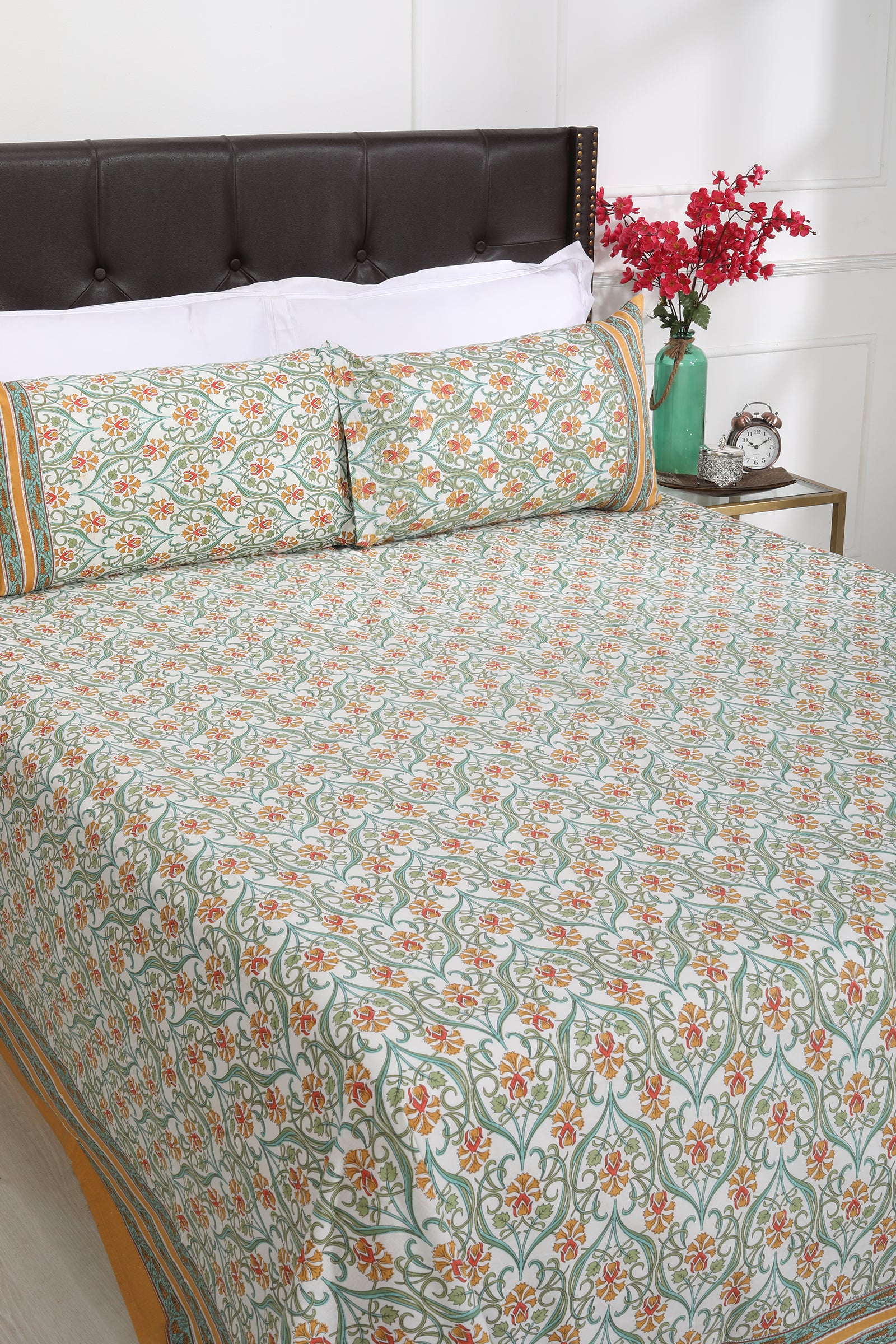 Floral Pine Jhaal Cotton Bedsheet - shahenazindia