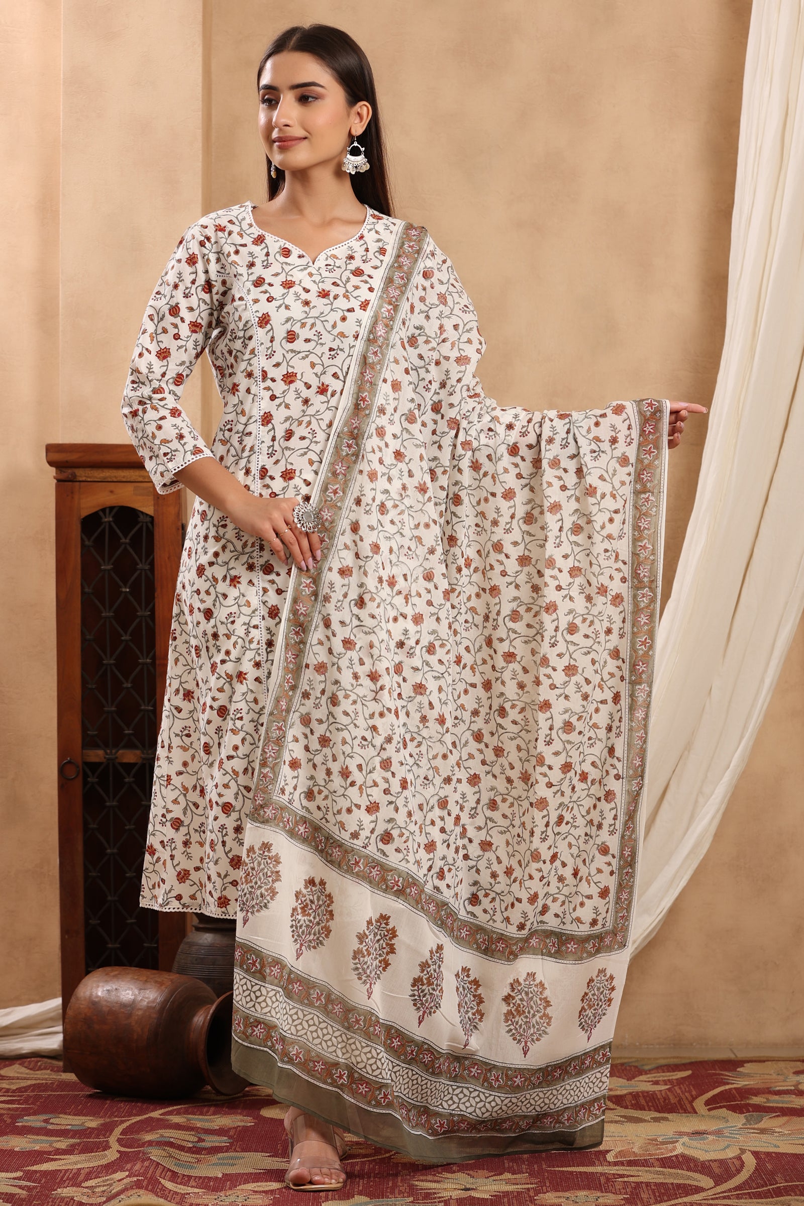 Firdous Jazia Cotton Hand Block Printed Dupatta - shahenazindia