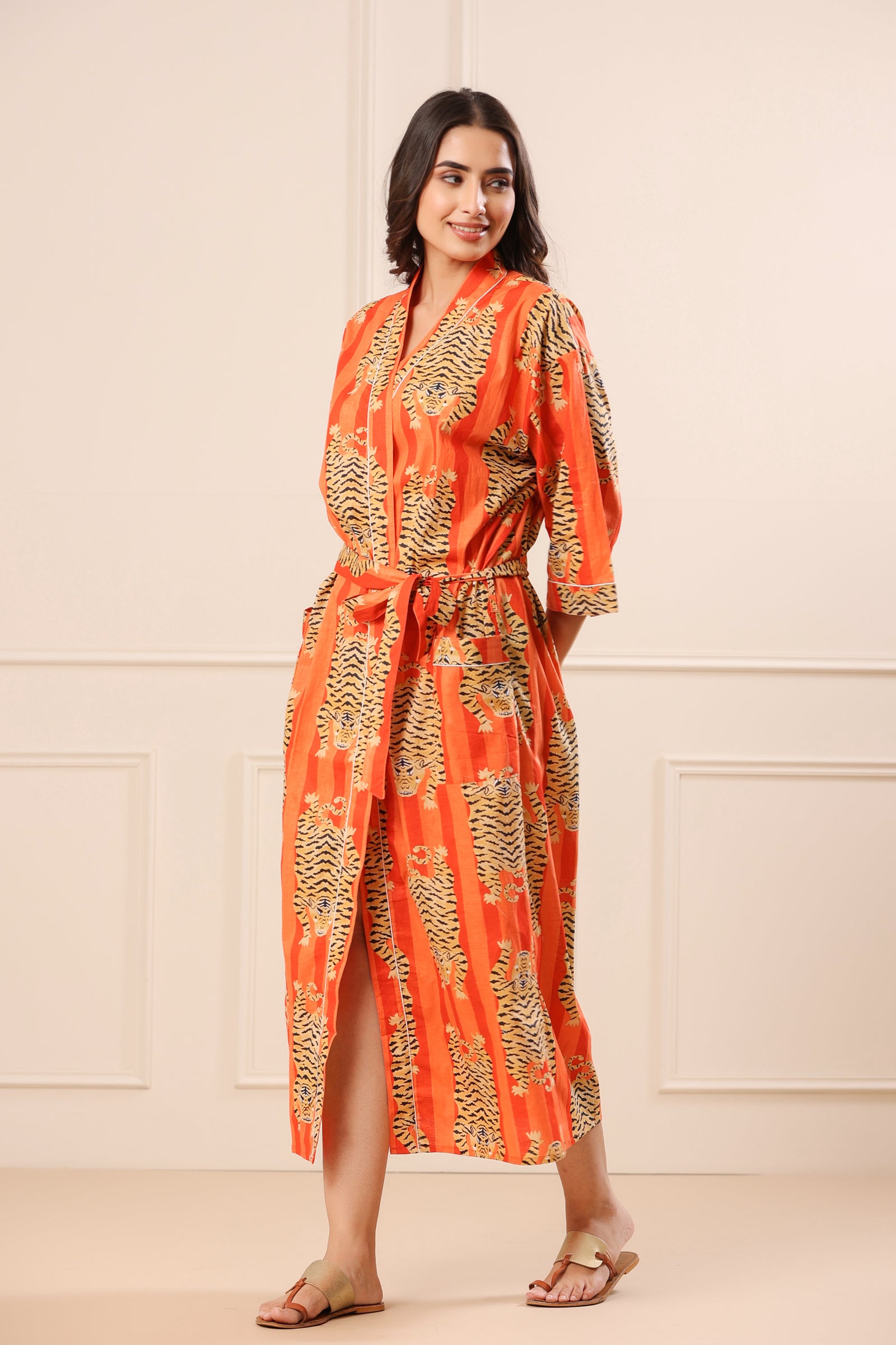 Stripy Milo Leopard Orange Kimono - shahenazindia