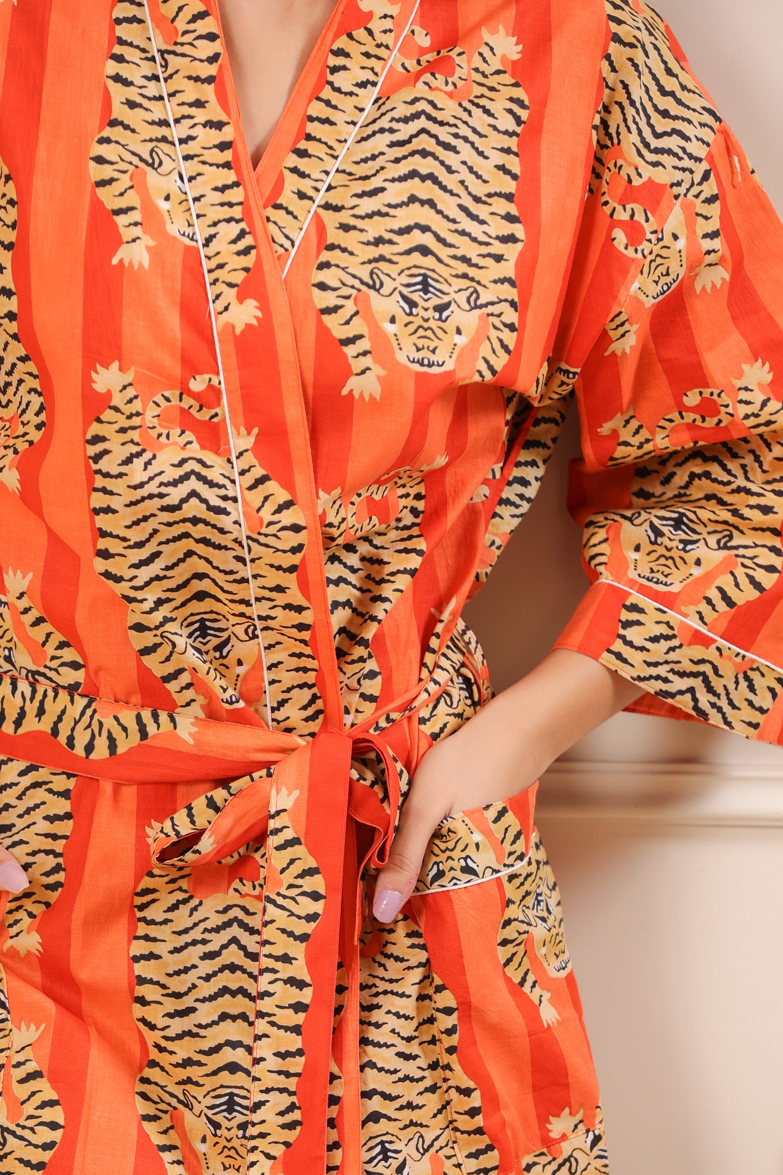 Stripy Milo Leopard Orange Kimono - shahenazindia