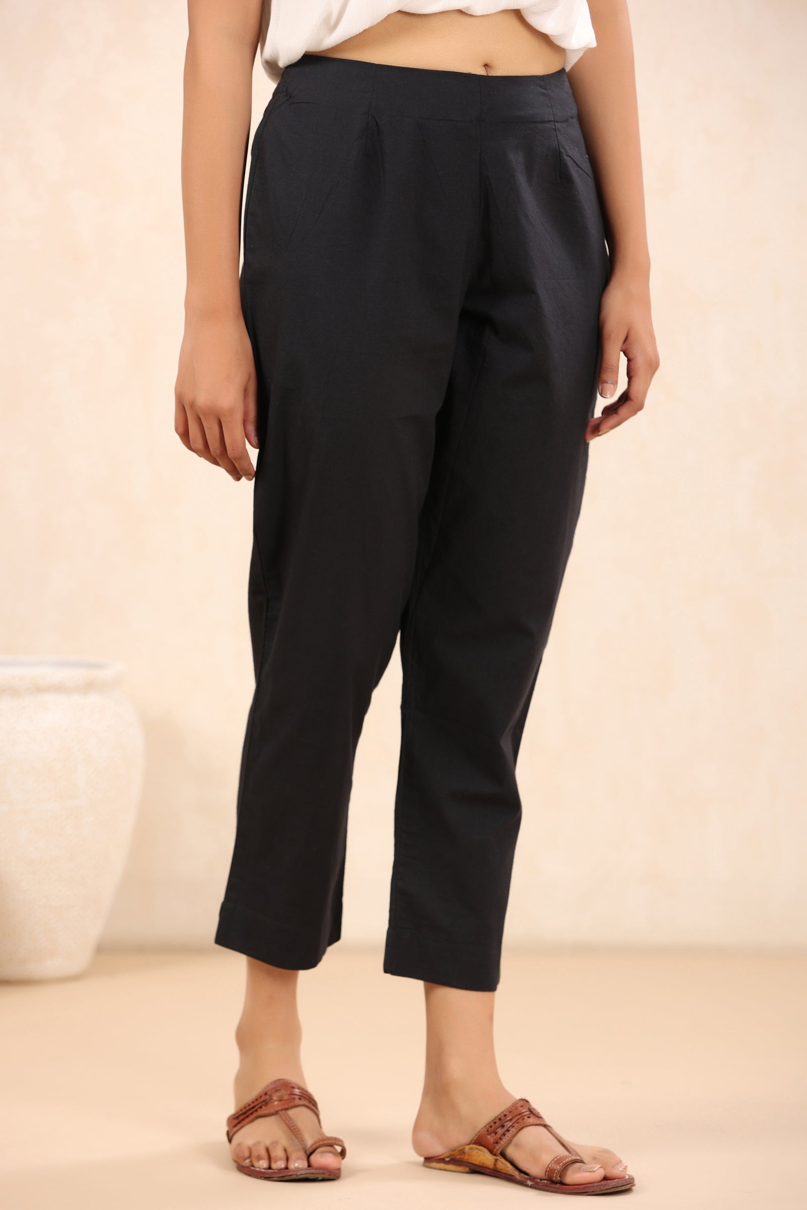 Mehrab Solid Black Relaxed Fit Cotton Pants - shahenazindia