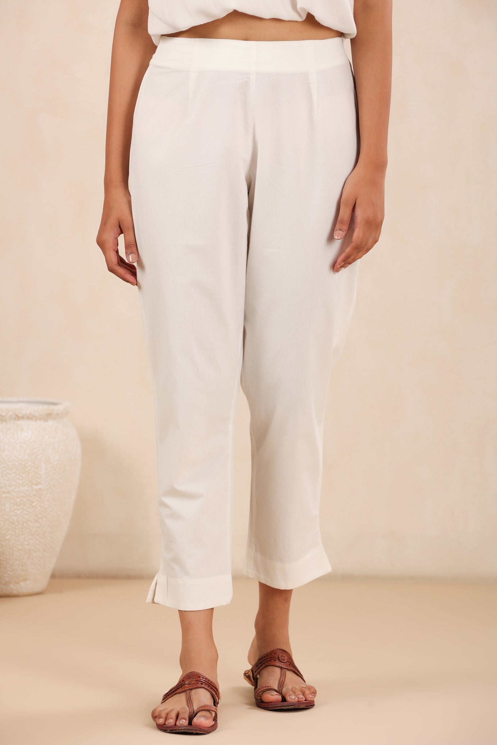 Mehrab Solid White Relaxed Fit Cotton Pants - shahenazindia