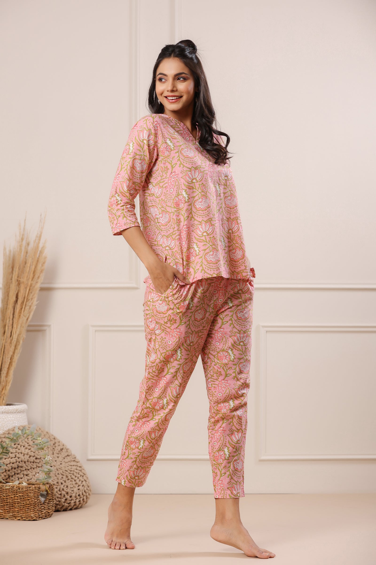 Nidra Bloom Pink Cotton Pyjama Night Suit Set - shahenazindia