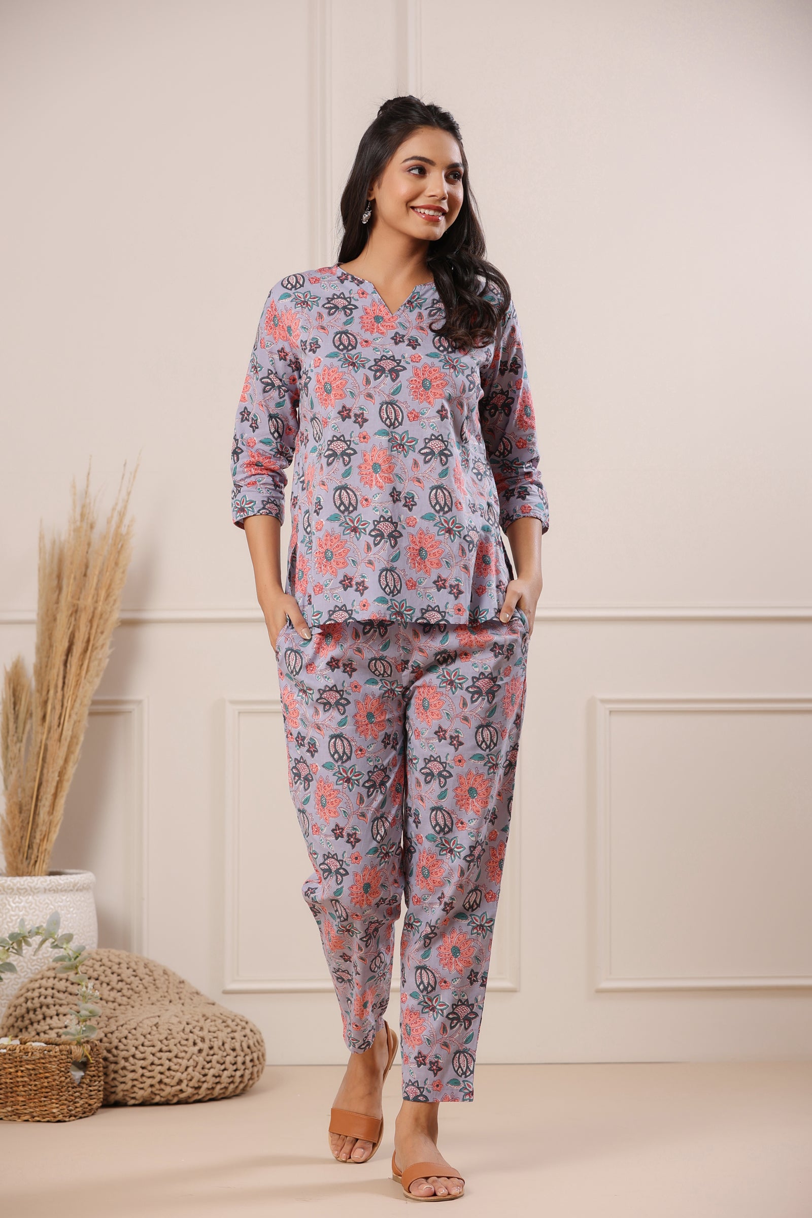 Nidra Bloomingdale Purple Cotton Pyjama Night Suit Set - shahenazindia