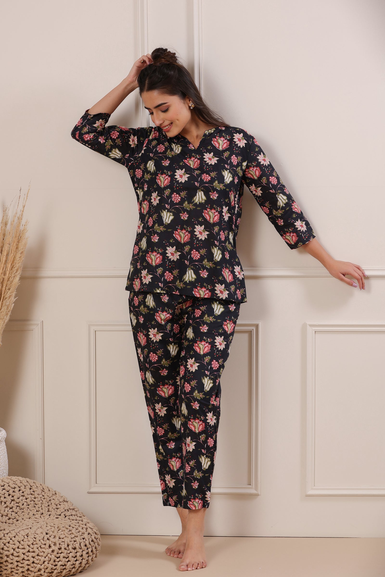 Nidra Garden Black Cotton Pyjama Night Suit Set - shahenazindia