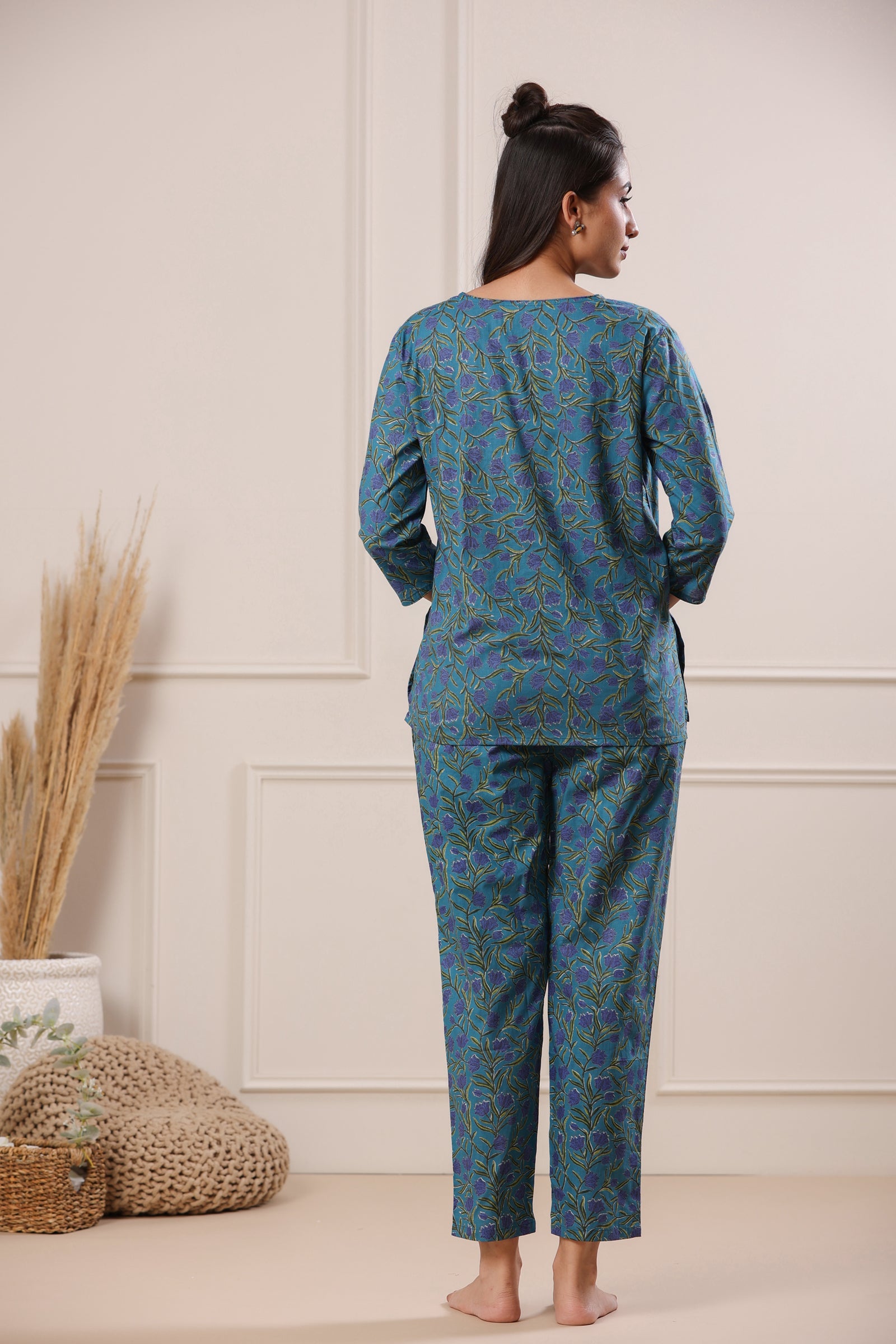 Nidra Lotus Blue Cotton Pyjama Night Suit Set - shahenazindia