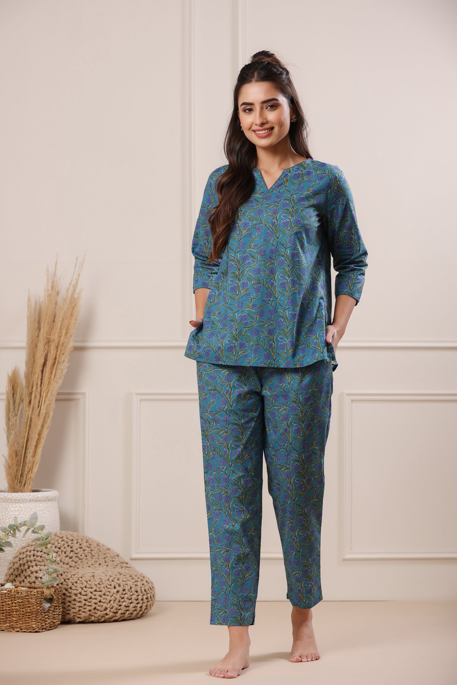 Buy Nidra Lotus Blue Cotton Pyjama Night Suit Set_Night Suit For