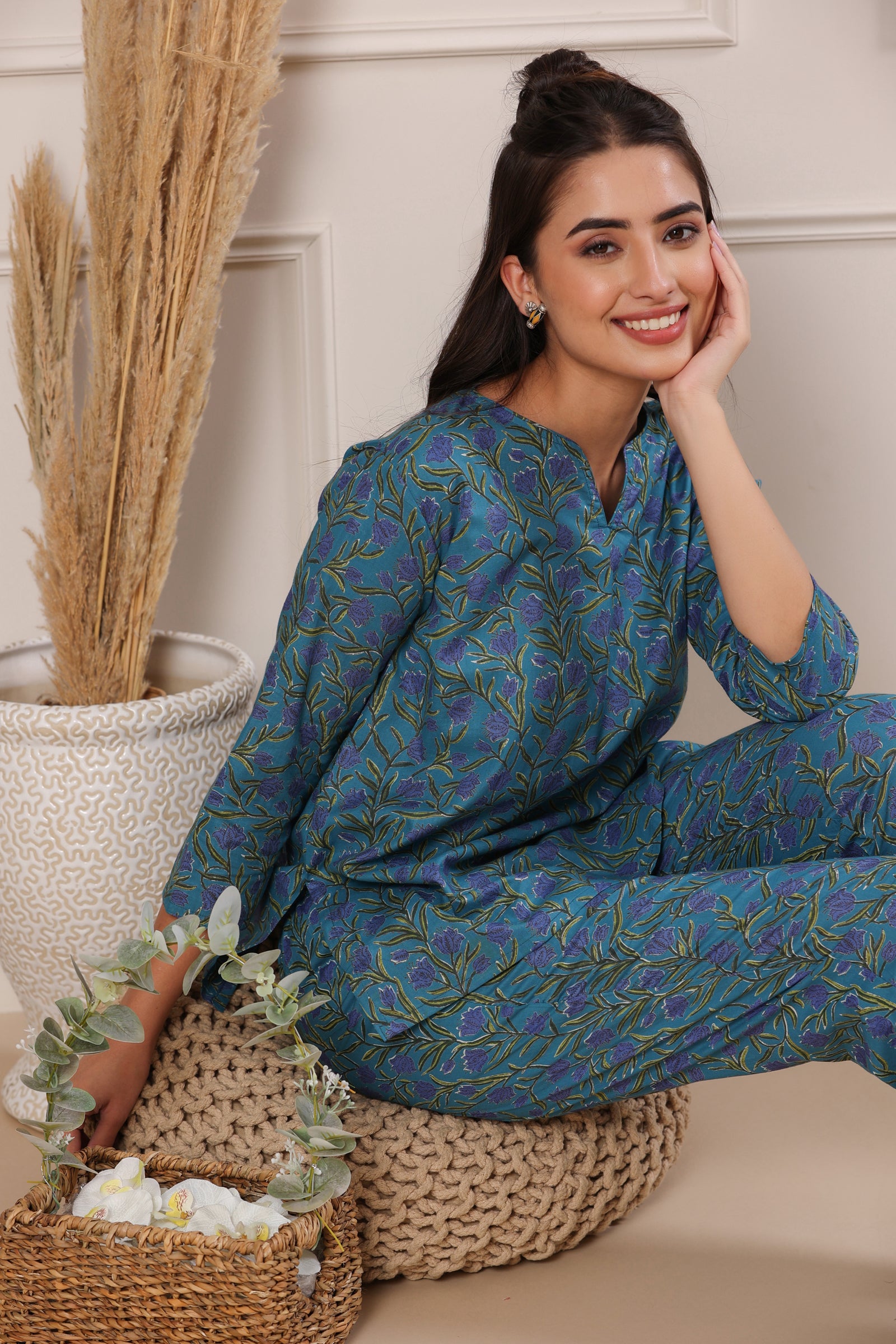 Nidra Lotus Blue Cotton Pyjama Night Suit Set - shahenazindia