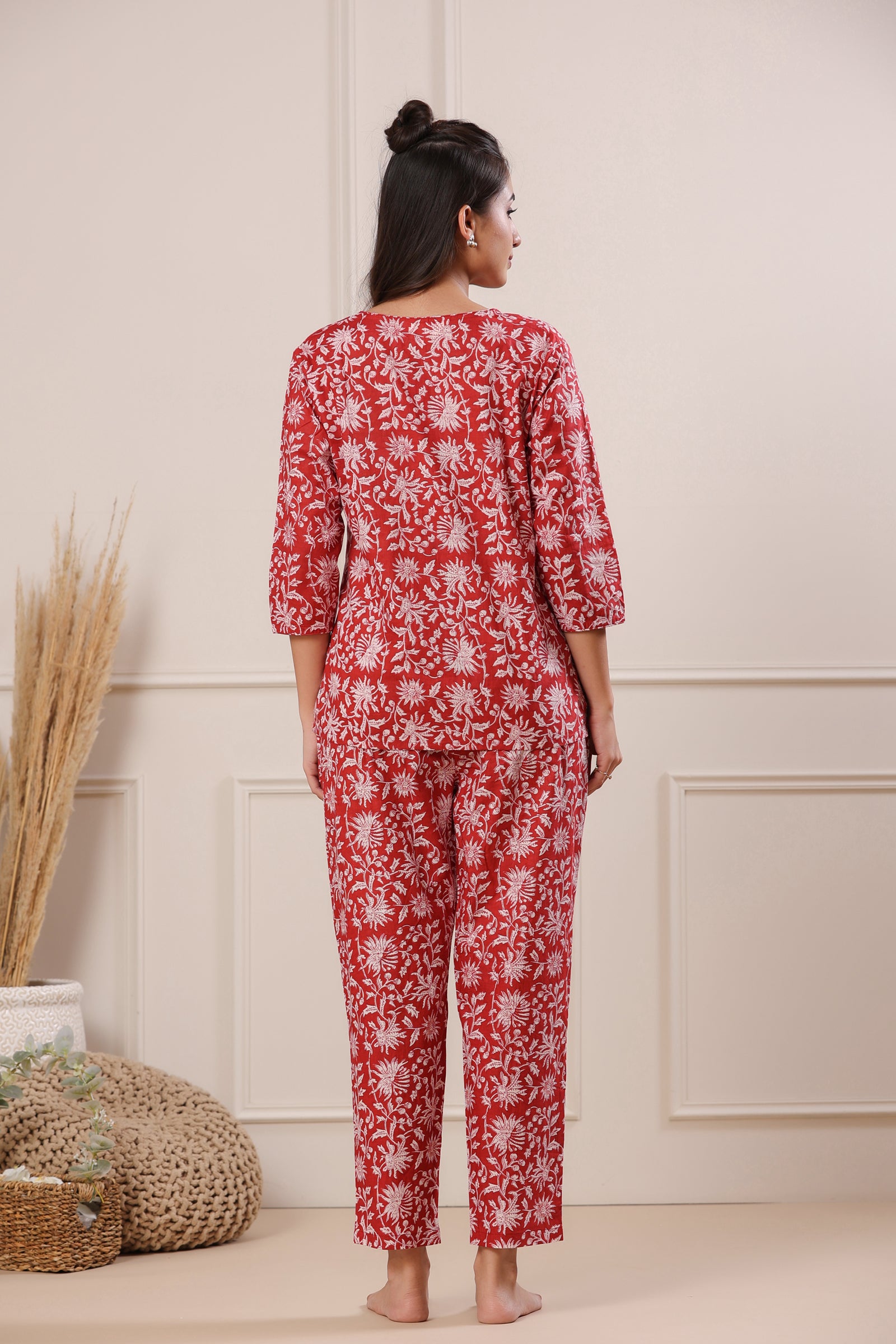 Nidra Sun Vines Red Cotton Pyjama Night Suit Set - shahenazindia