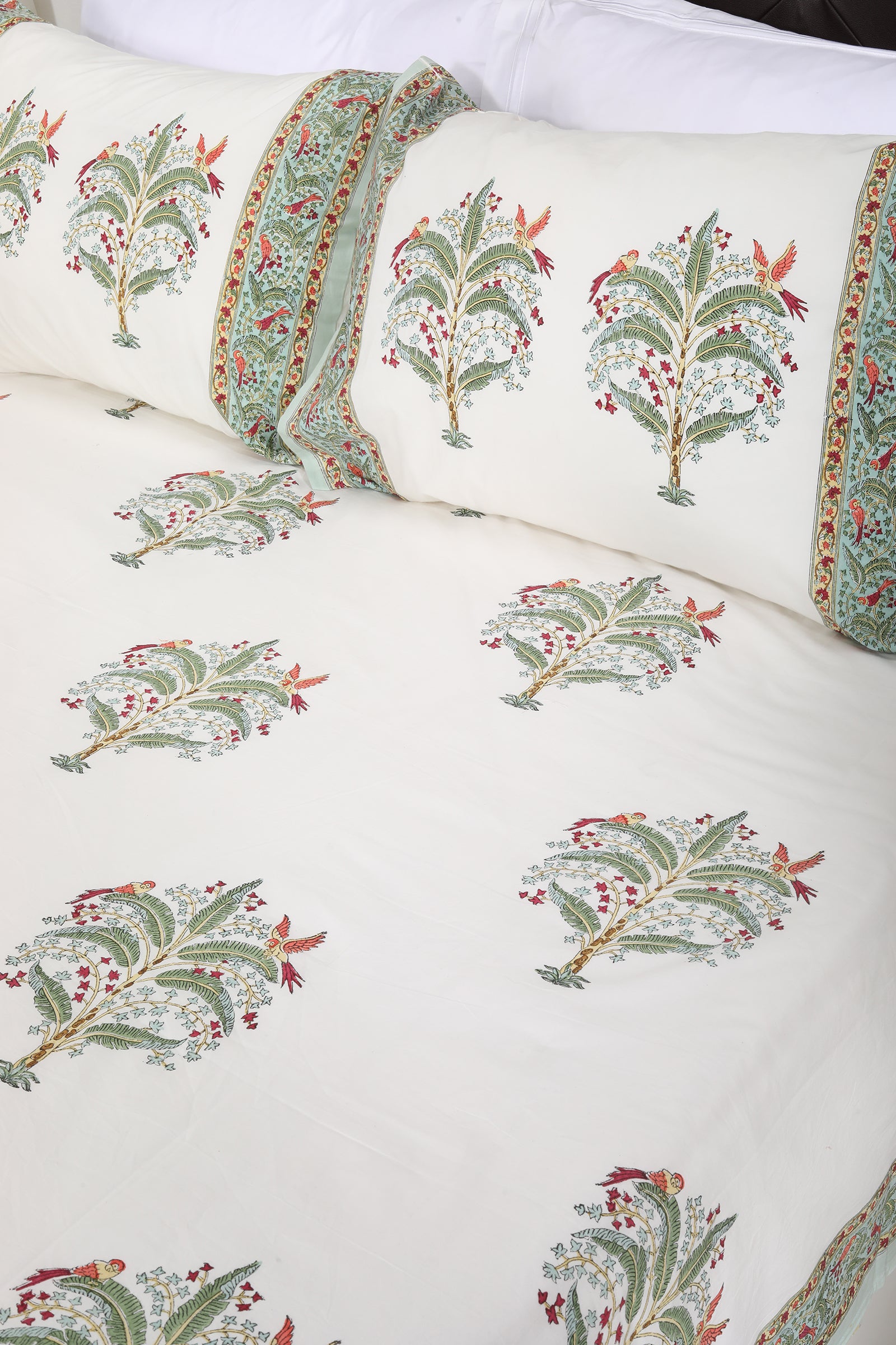 Parrot Bootah Cotton Percale Hand Block Printed Bedsheet - shahenazindia