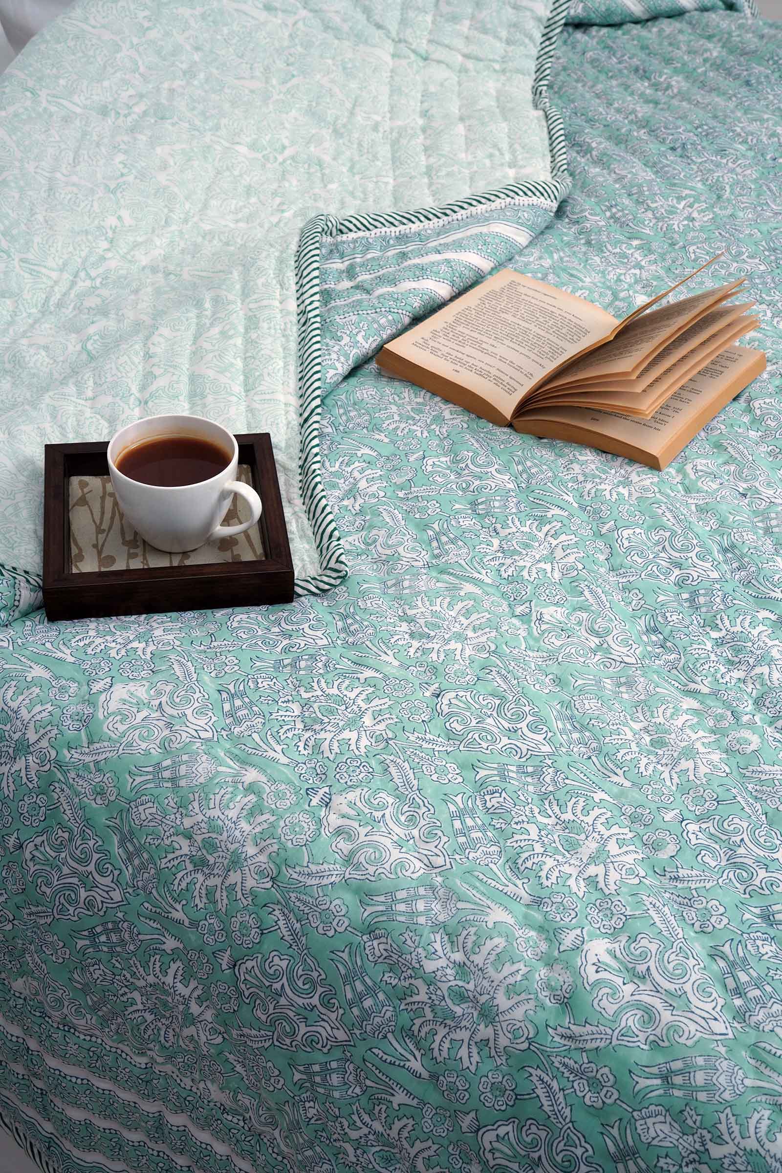 Eshika Jaal Turquoise Cotton Muslin Quilt - shahenazindia