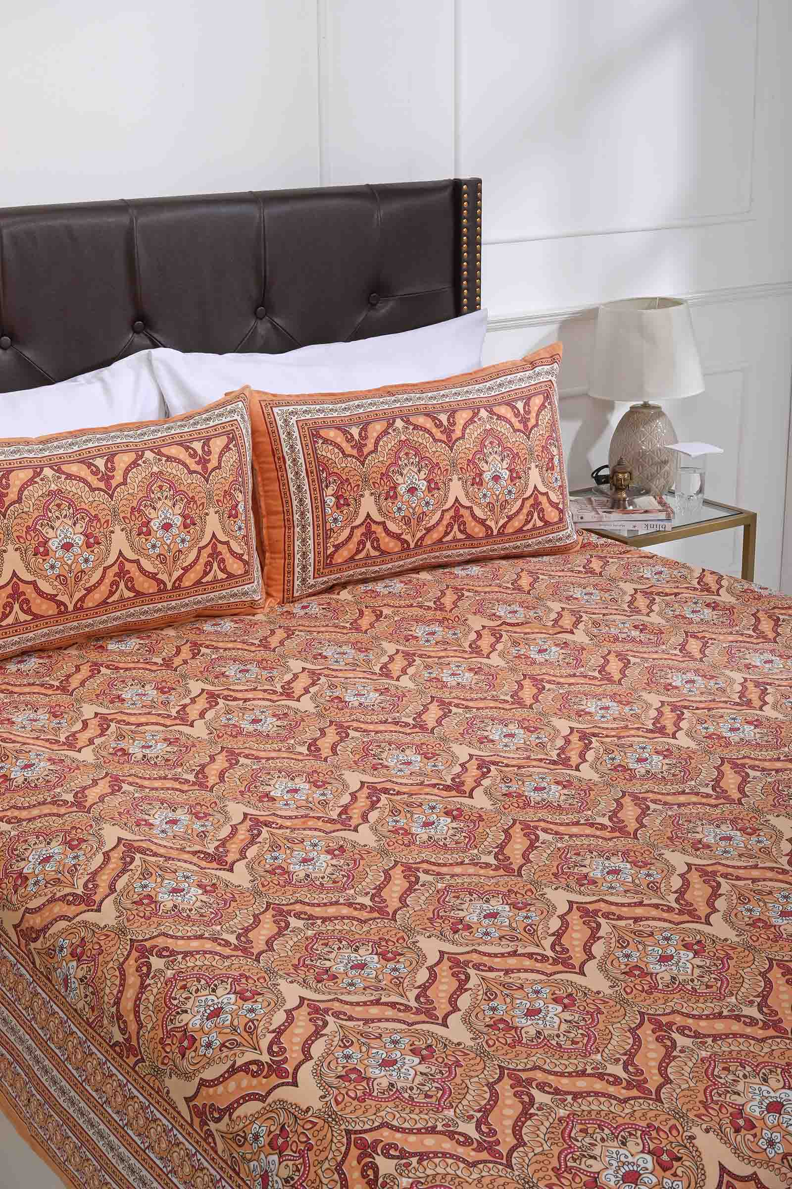 Rust Tiger Lily Cotton Bedsheet - shahenazindia