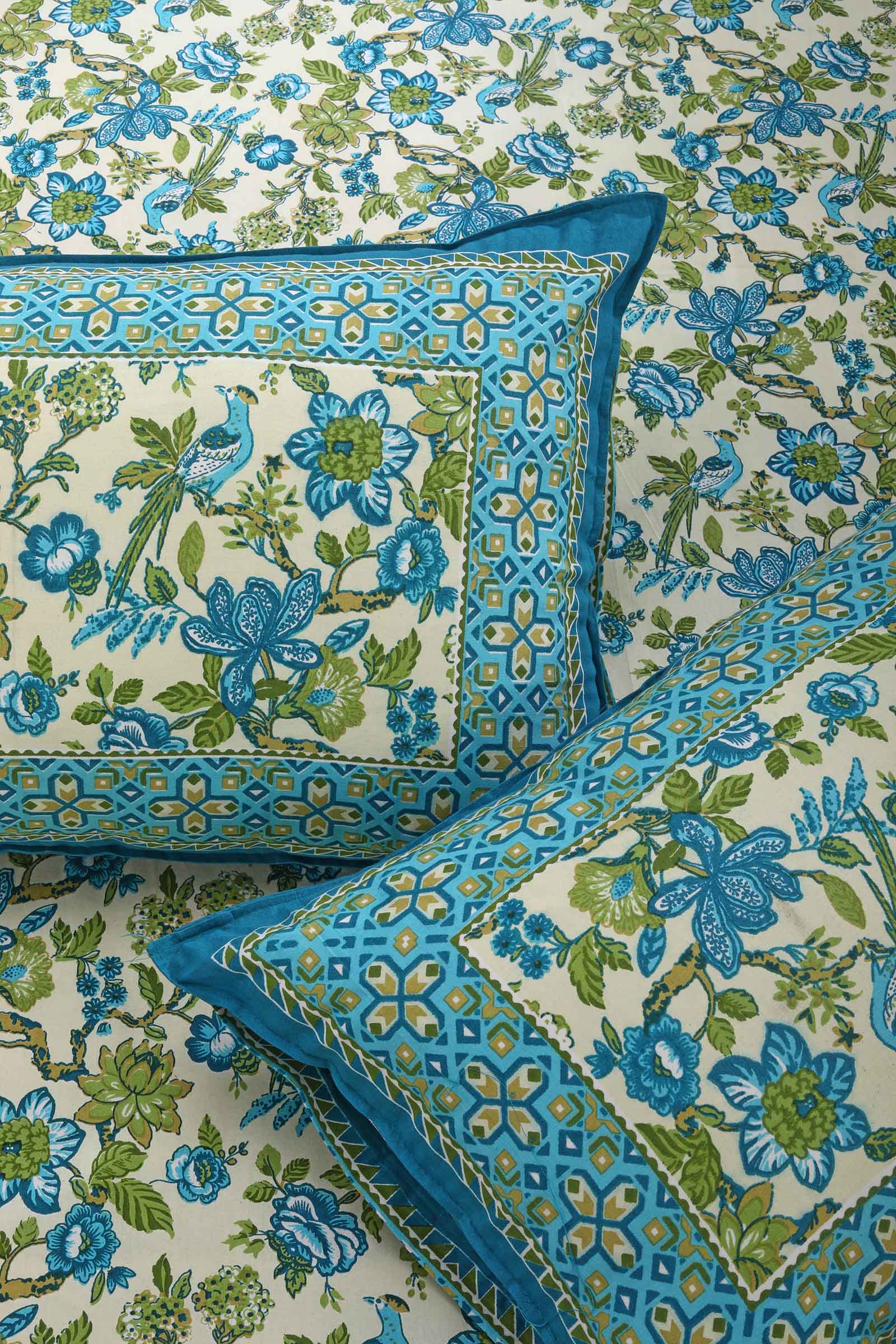 Turquoise Cymbidian Flower Cotton Bedsheet - shahenazindia
