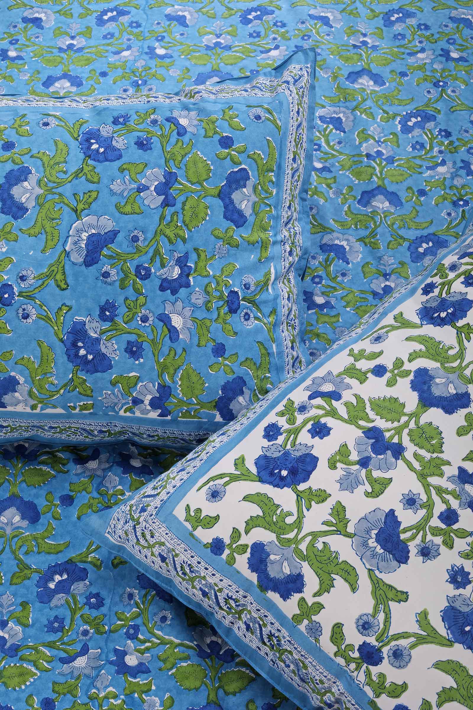 Vrindavan Blue Buttercup Cotton Percale Bedsheet - shahenazindia